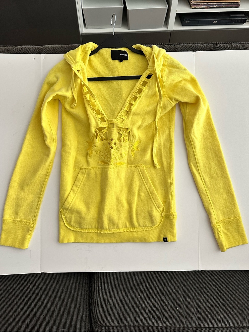 Hurley Yellow V-Cutout Hooded Sweatshirt with Embroidered Detail-Size Small